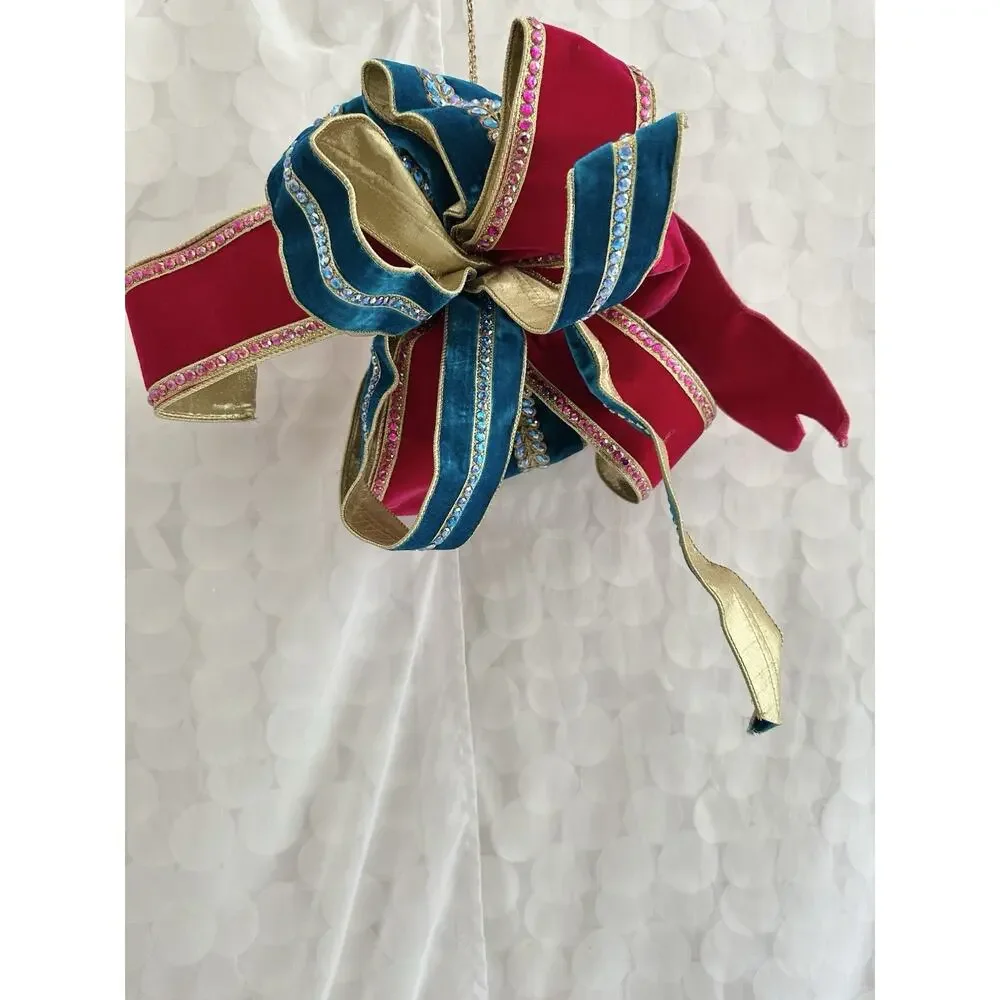 LARGE Handmade Velvet Crystal Christmas Bows Pink Blue Gold Tree Wreath Decor